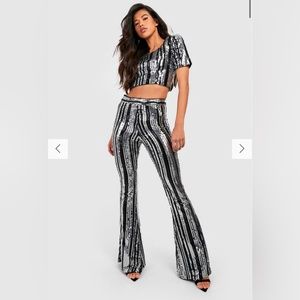 BOOHOO Striped Sequin black and white set
